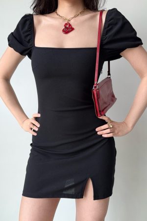 Square Neck Puff Sleeve Bodycon Dress with Split Short Skirt - European & American Style for Women, Trendy and Sexy Fashion
