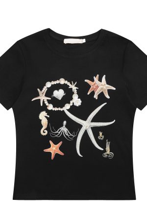Starfish Print Cropped Short-Sleeve T-Shirt for Women - Slim Fit Midriff-Baring Top, American Style, Trendy Casual Wear