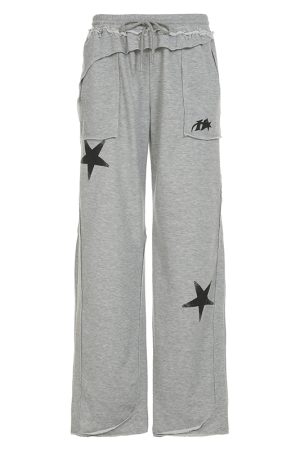 Street Gray Deconstructed Star Print Casual Pants for Women - Versatile Loose Straight Leg Dance Trousers, Trendy Y2K Style
