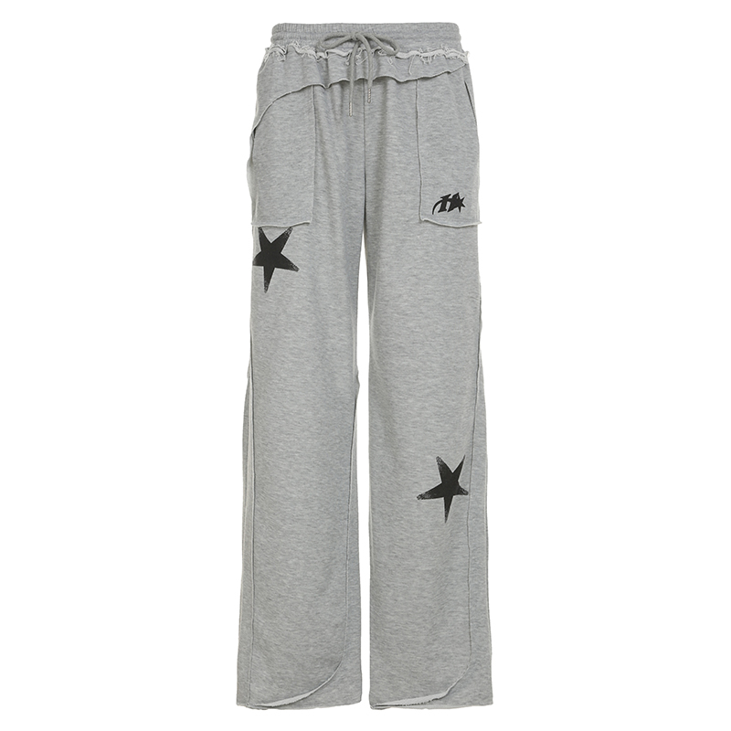 Street Gray Deconstructed Star Print Casual Pants for Women - Versatile Loose Straight Leg Dance Trousers, Trendy Y2K Style Street Gray Deconstructed Star Print Casual Pants for Women - Versatile Loose Straight Leg Dance Trousers, Trendy Y2K Style