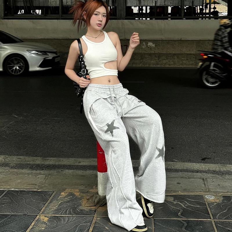Street Gray Deconstructed Star Print Casual Pants for Women - Versatile Loose Straight Leg Dance Trousers, Trendy Y2K Style Street Gray Deconstructed Star Print Casual Pants for Women - Versatile Loose Straight Leg Dance Trousers, Trendy Y2K Style