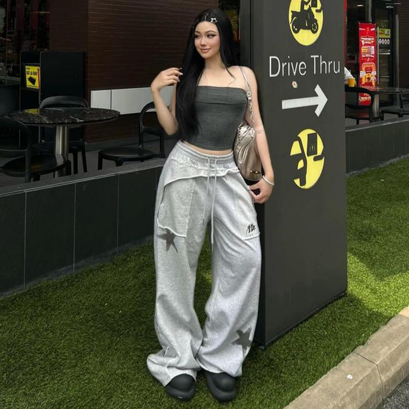 Street Gray Deconstructed Star Print Casual Pants for Women - Versatile Loose Straight Leg Dance Trousers, Trendy Y2K Style Street Gray Deconstructed Star Print Casual Pants for Women - Versatile Loose Straight Leg Dance Trousers, Trendy Y2K Style
