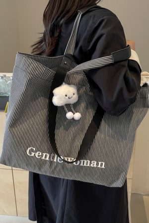 Striped Canvas Tote Bag for Women - Relaxed Commuting Shoulder Bag, Large Capacity Shopping Bag for Short Trips