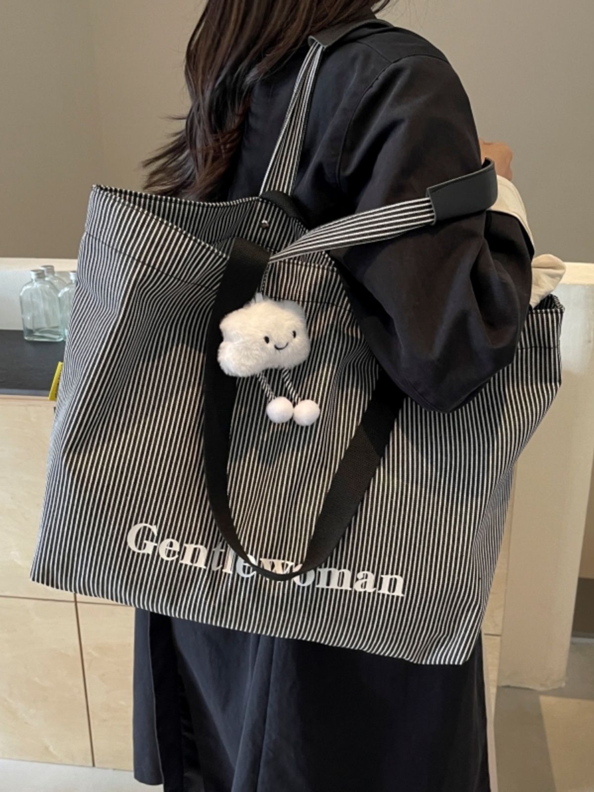 Striped Canvas Tote Bag for Women - Relaxed Commuting Shoulder Bag, Large Capacity Shopping Bag for Short Trips Striped Canvas Tote Bag for Women - Relaxed Commuting Shoulder Bag, Large Capacity Shopping Bag for Short Trips