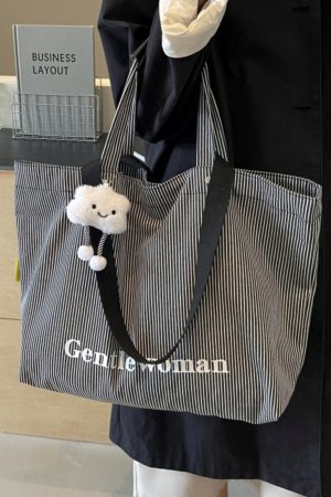 Striped Canvas Tote Bag for Women - Relaxed Commuting Shoulder Bag, Large Capacity Shopping Bag for Short Trips