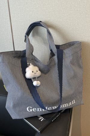 Striped Canvas Tote Bag for Women - Relaxed Commuting Shoulder Bag, Large Capacity Shopping Bag for Short Trips