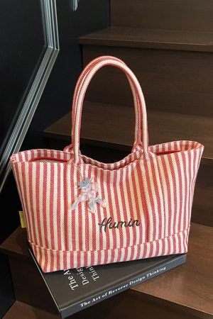 Striped Canvas Tote Bag for Women, 2025 Fashion Handbag, Versatile Large Capacity Shoulder Bag for Commuting and Everyday Use