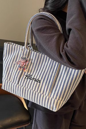 Striped Canvas Tote Bag for Women, 2025 Fashion Handbag, Versatile Large Capacity Shoulder Bag for Commuting and Everyday Use
