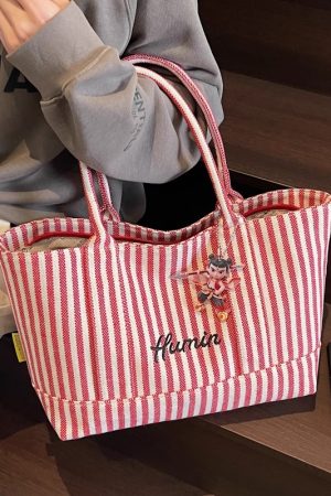Striped Canvas Tote Bag for Women, 2025 Fashion Handbag, Versatile Large Capacity Shoulder Bag for Commuting and Everyday Use