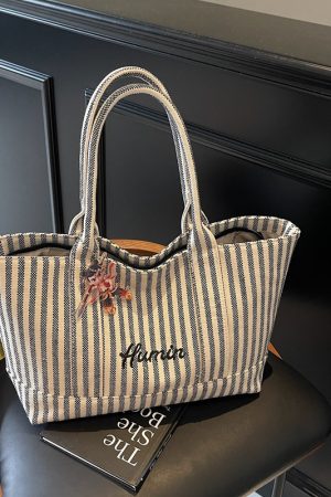 Striped Canvas Tote Bag for Women, 2025 Fashion Handbag, Versatile Large Capacity Shoulder Bag for Commuting and Everyday Use
