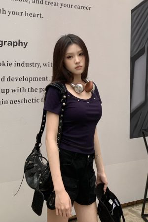 Studded U-Neck Short Sleeve T-Shirt for Women - Summer Slim Fit Hot Girl Top in American Style