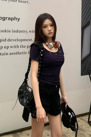 Studded U-Neck Short Sleeve T-Shirt for Women - Summer Slim Fit Hot Girl Top in American Style