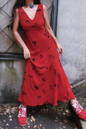 Stunning Red Floral Mermaid Dress - Handmade Draped V-Neck, Waist-Cinching, Perfect for Vacation & Summer Events