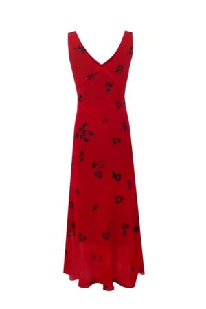 Stunning Red Floral Mermaid Dress - Handmade Draped V-Neck, Waist-Cinching, Perfect for Vacation & Summer Events