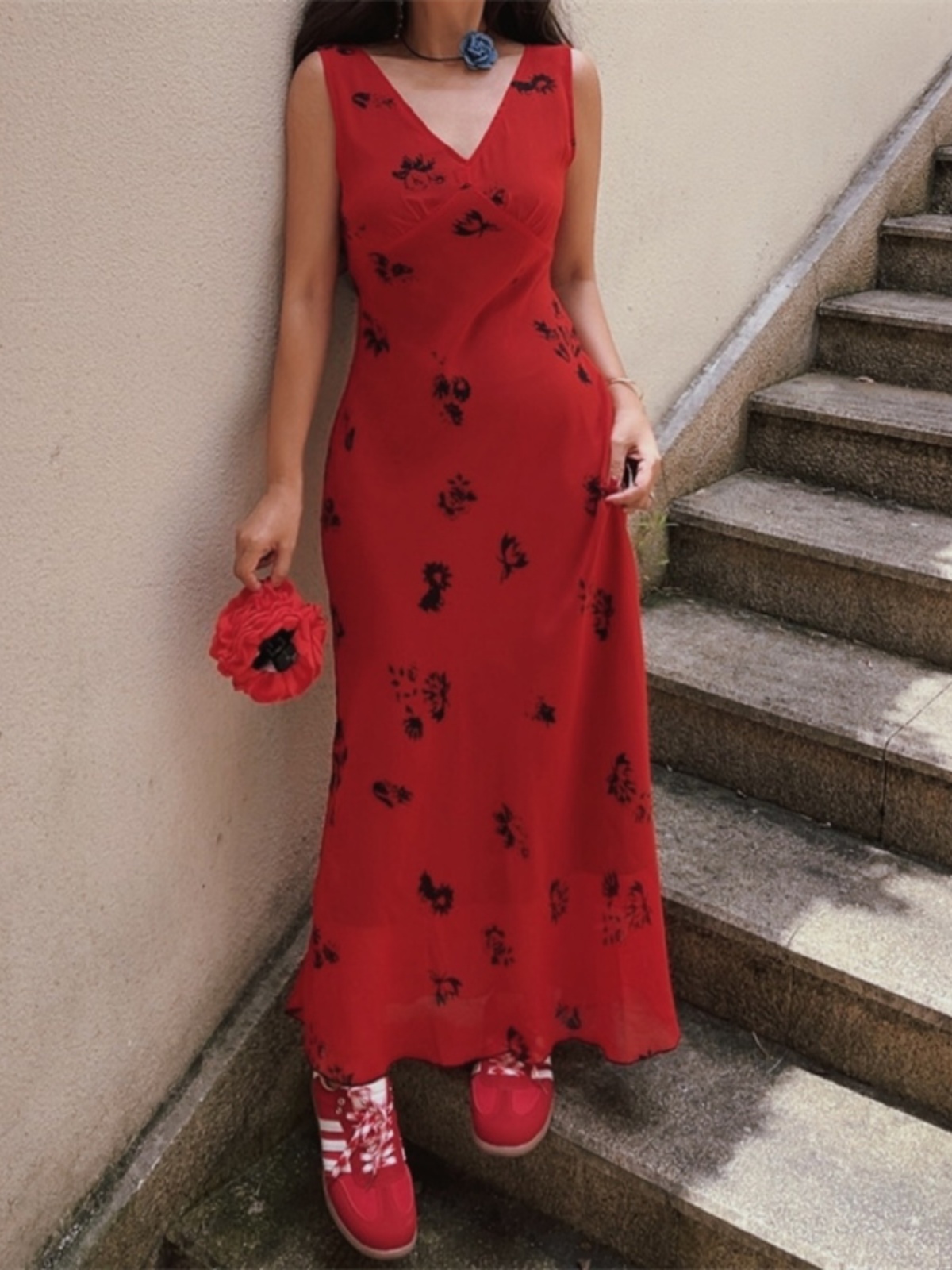 Stunning Red Floral Mermaid Dress - Handmade Draped V-Neck, Waist-Cinching, Perfect for Vacation & Summer Events Stunning Red Floral Mermaid Dress - Handmade Draped V-Neck, Waist-Cinching, Perfect for Vacation & Summer Events