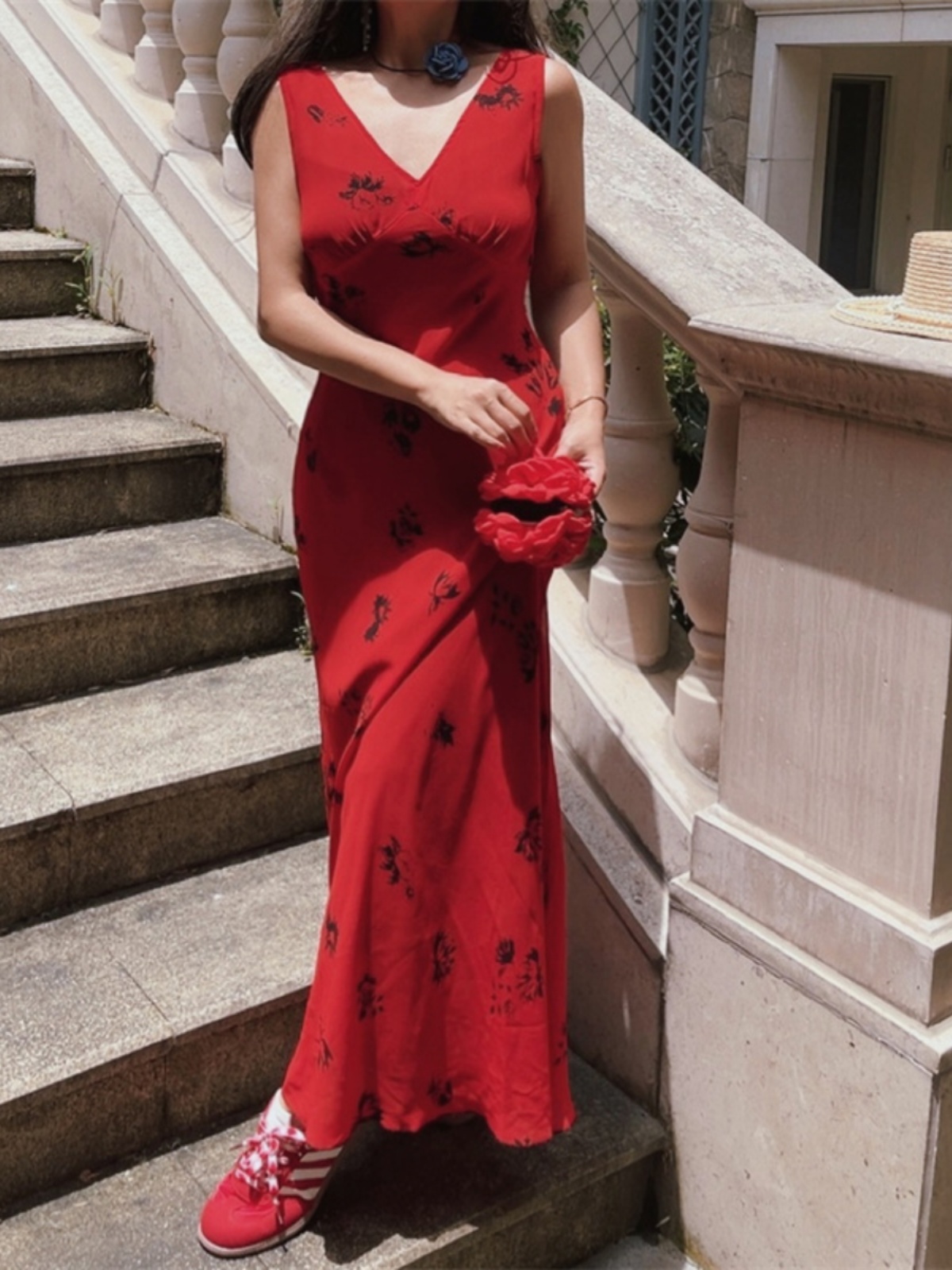 Stunning Red Floral Mermaid Dress - Handmade Draped V-Neck, Waist-Cinching, Perfect for Vacation & Summer Events Stunning Red Floral Mermaid Dress - Handmade Draped V-Neck, Waist-Cinching, Perfect for Vacation & Summer Events