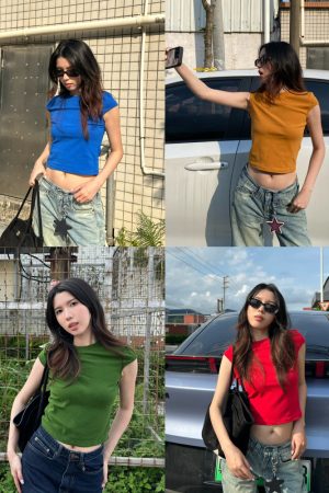 Summer 2025 Women's Casual High Elastic Solid Color Short Sleeve Crop Top T-Shirt - Trendy American Style