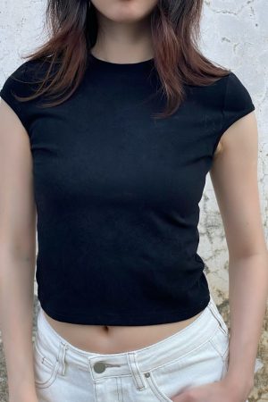 Summer 2025 Women's Casual High Elastic Solid Color Short Sleeve Crop Top T-Shirt - Trendy American Style