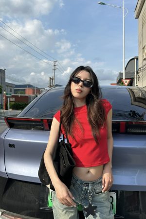 Summer 2025 Women's Casual High Elastic Solid Color Short Sleeve Crop Top T-Shirt - Trendy American Style