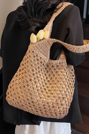 Summer 2025 Women's Woven Beach Tote Bag, Large Capacity Seaside Vacation Shoulder Bag, Lazy Wind Grass Design