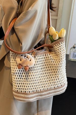 Summer 2025 Women's Woven Straw Bag, Large Capacity Cotton Thread Tote for Seaside Vacations & Commuting