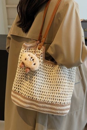 Summer 2025 Women's Woven Straw Bag, Large Capacity Cotton Thread Tote for Seaside Vacations & Commuting