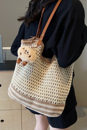 Summer 2025 Women's Woven Straw Bag, Large Capacity Cotton Thread Tote for Seaside Vacations & Commuting