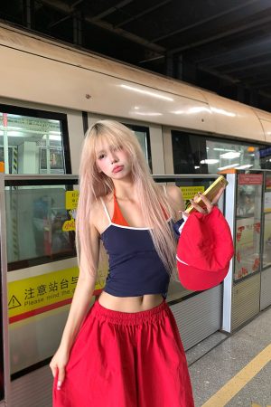 Summer American Style Fake Two-Piece Halter Tank Top for Women, Slim Fit, Sleeveless, Sexy Summer Fashion