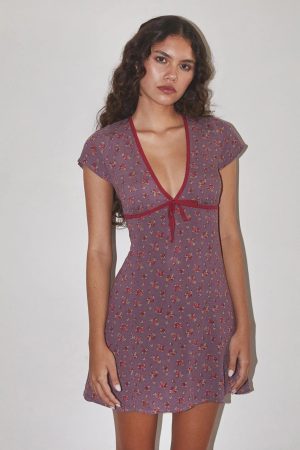 Summer American Vintage Low-Cut Bow Purple Floral Dress for Women - Cute 90s Inspired Design