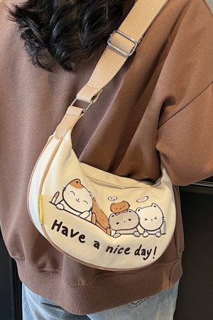 Summer Cartoon Canvas Shoulder Bag for Women - Large Capacity Dumpling Crossbody Bag, Versatile Commuter Style 2025