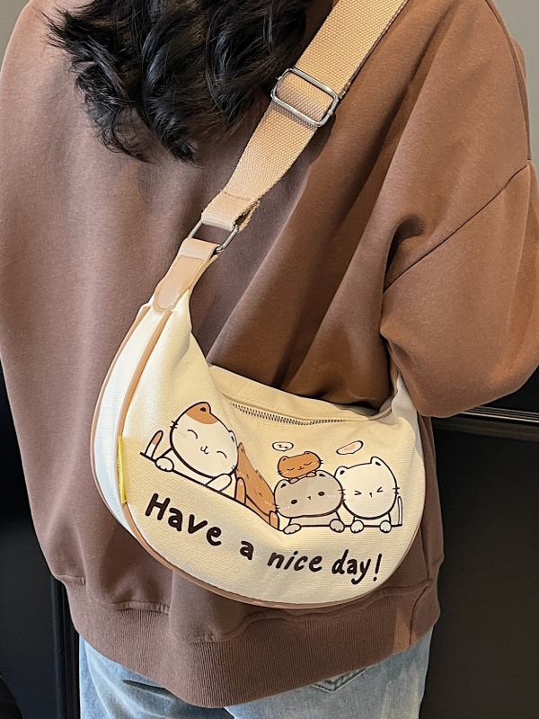Summer Cartoon Canvas Shoulder Bag for Women - Large Capacity Dumpling Crossbody Bag, Versatile Commuter Style 2025 Summer Cartoon Canvas Shoulder Bag for Women - Large Capacity Dumpling Crossbody Bag, Versatile Commuter Style 2025