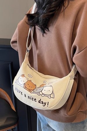 Summer Cartoon Canvas Shoulder Bag for Women - Large Capacity Dumpling Crossbody Bag, Versatile Commuter Style 2025