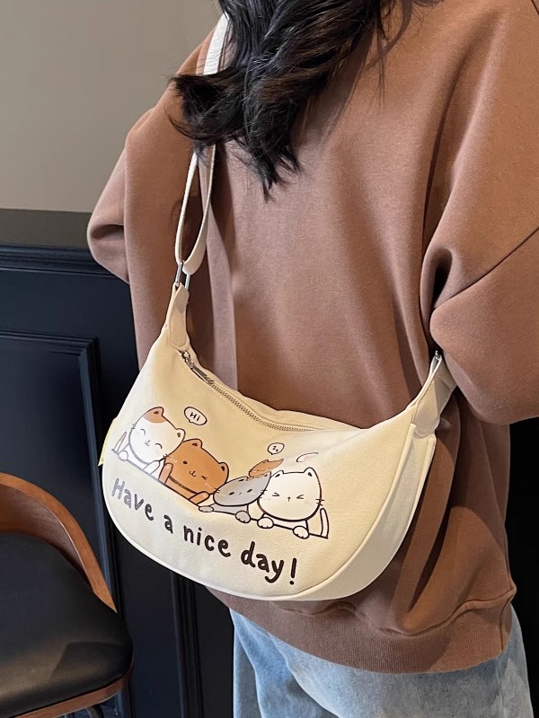 Summer Cartoon Canvas Shoulder Bag for Women - Large Capacity Dumpling Crossbody Bag, Versatile Commuter Style 2025 Summer Cartoon Canvas Shoulder Bag for Women - Large Capacity Dumpling Crossbody Bag, Versatile Commuter Style 2025