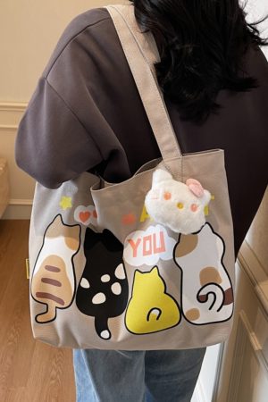 Summer Cartoon Canvas Tote Bag for Women - 2025 Large Capacity Shoulder Bag for Students and Commuters