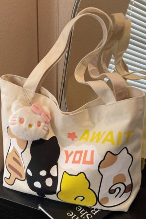 Summer Cartoon Canvas Tote Bag for Women - 2025 Large Capacity Shoulder Bag for Students and Commuters