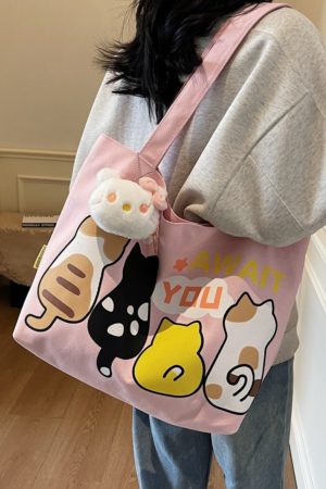 Summer Cartoon Canvas Tote Bag for Women - 2025 Large Capacity Shoulder Bag for Students and Commuters