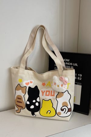 Summer Cartoon Canvas Tote Bag for Women - 2025 Large Capacity Shoulder Bag for Students and Commuters