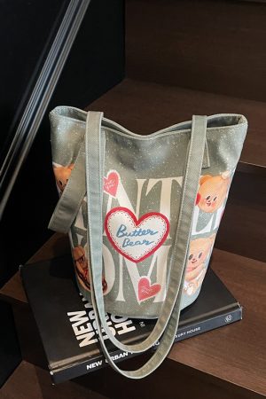 Summer Cartoon Canvas Tote Bag for Women - Versatile Large Capacity Underarm & Shoulder Commuting Bucket Bag