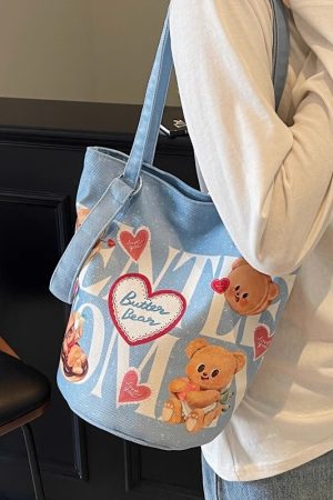 Summer Cartoon Canvas Tote Bag for Women - Versatile Large Capacity Underarm & Shoulder Commuting Bucket Bag