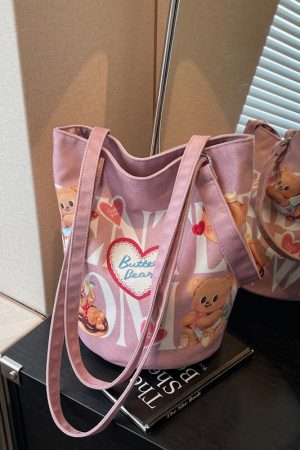 Summer Cartoon Canvas Tote Bag for Women - Versatile Large Capacity Underarm & Shoulder Commuting Bucket Bag