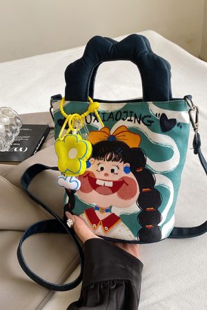 Summer Cartoon Graffiti Crossbody Bucket Bag for Women - Trendy Printed Canvas Tote Bag for Phone and Essentials