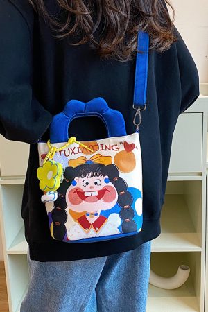 Summer Cartoon Graffiti Crossbody Bucket Bag for Women - Trendy Printed Canvas Tote Bag for Phone and Essentials