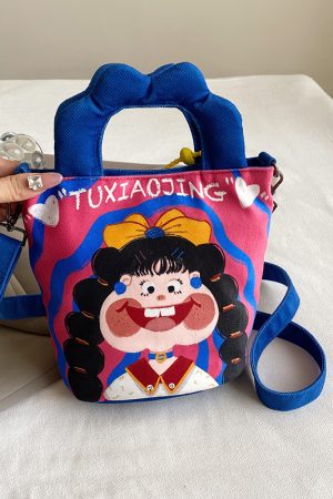 Summer Cartoon Graffiti Crossbody Bucket Bag for Women - Trendy Printed Canvas Tote Bag for Phone and Essentials