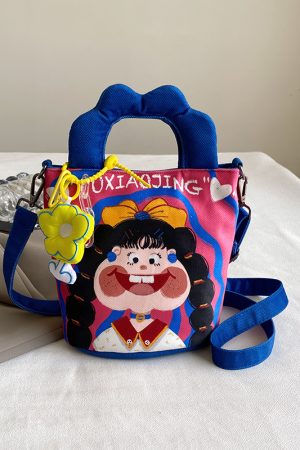 Summer Cartoon Graffiti Crossbody Bucket Bag for Women - Trendy Printed Canvas Tote Bag for Phone and Essentials