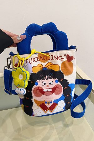 Summer Cartoon Graffiti Crossbody Bucket Bag for Women - Trendy Printed Canvas Tote Bag for Phone and Essentials