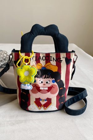 Summer Cartoon Graffiti Crossbody Bucket Bag for Women - Trendy Printed Canvas Tote Bag for Phone and Essentials