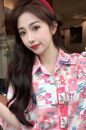 Summer Casual Loose Cartoon Print Short Sleeve Shirt for Women - Unique Beach Top for Students