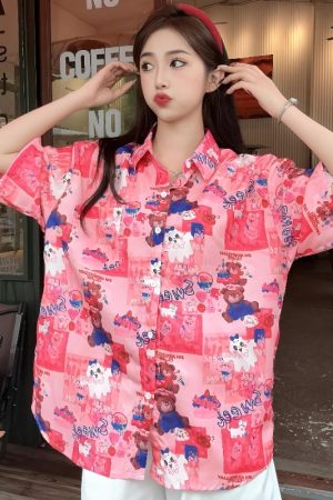 Summer Casual Loose Cartoon Print Short Sleeve Shirt for Women - Unique Beach Top for Students