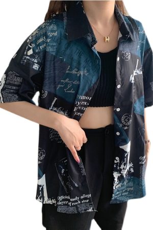 Summer Casual Loose Printed Short-Sleeve Shirt for Women - Versatile Beach Top in Hong Kong Style