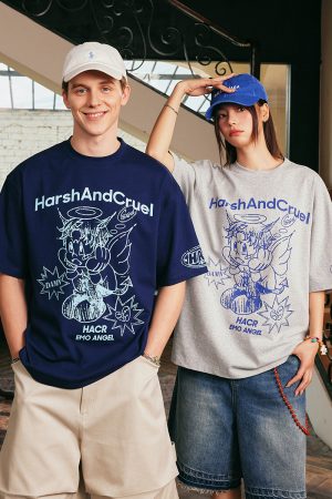 Summer Children's Fun Hand-Drawn Emo Angel Street Graffiti Loose Short Sleeve T-shirt - Trendy Y2K Aesthetic Fashion